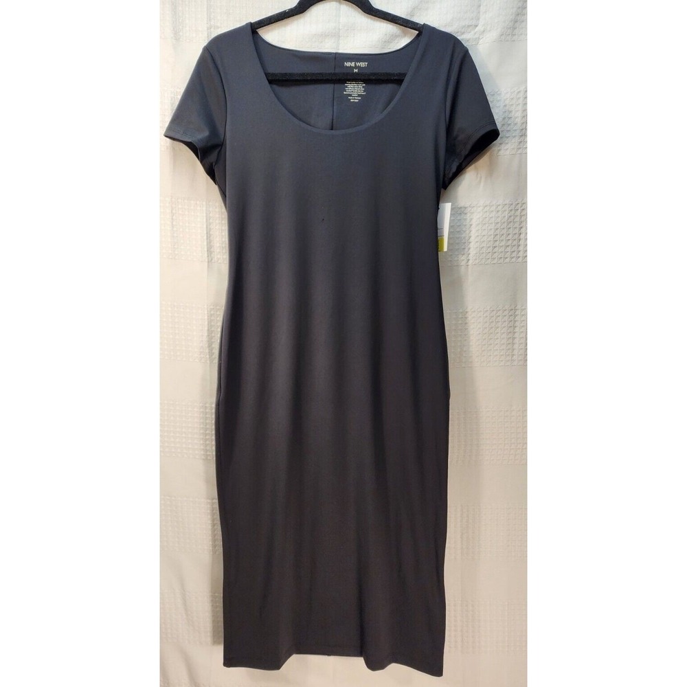 Nine West Dress Womens Medium Cap Sleeve Scoop Neck Layered Sheath Black Midi